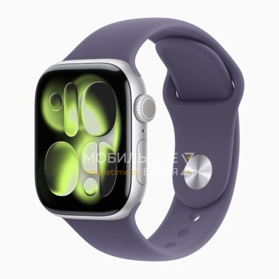 Apple Watch Series 11 42 мм (алюминиевый корпус, серебристый/фиолетовый туман, спортивный силиконовый ремешок M/L)