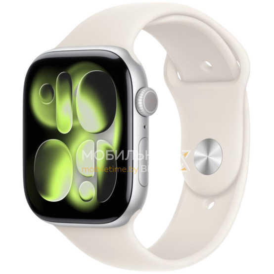 Apple Watch Series 11 42 мм (алюминиевый корпус, серебристый/звездный свет, спортивный силиконовый ремешок S/M)